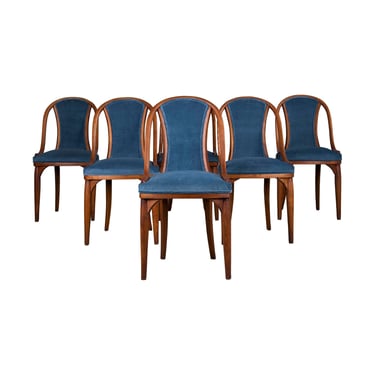 1920s Bentwood Gondola Dining Chairs W/ Blue Velvet by Thonet - Set of 6- Labeled 