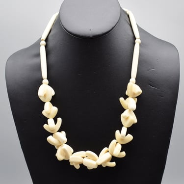 Unusual 60's cream tagua nut Modernist bib, long vegetable ivory tubes beads & boomerangs necklace 