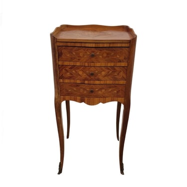 19th Century French Louis XV Style Mahogany Kingwood Parquetry Floral Marquetry Antique Chest Of Drawers Nightstand End Table 