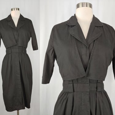 Vintage Eighties Bill Geoffreys XS Black Cotton Safari Button Front Sheath Dress - 80s Half Sleeve Midi Mid Length Dress 