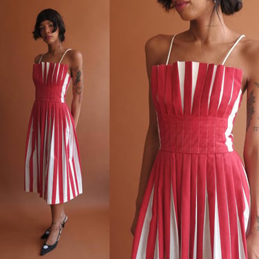 Vintage 70s Red White Pleated Summer Dress/ 1970s does 1950s Wide Stripe Spaghetti Strap/ Size Small 