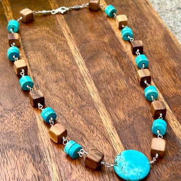 Vintage Turquoise Teak Necklace Wood Cube Beads Heishi Bead 925 Clasp Modern MCM Jewelry 