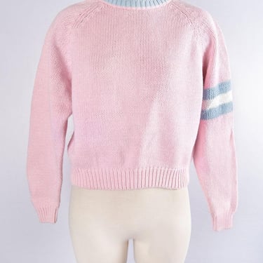 1980's Pink Chunky Sweater Cotton Ramie Vintage 80's Baby Soft Pink & Blue Stripe Armband Pullover Casual Street wear Unisex by gerard works 