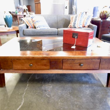 LARGE WOOD AND GLASS COFFEE TABLE