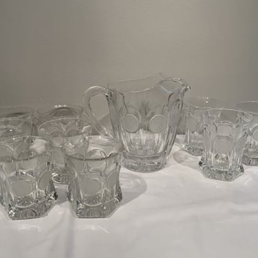 10 Piece Set Fostoria Coin Cocktail Whiskey Glasses and Pitcher, clear glass barware, MCM dinning room decor, pitcher with glass 