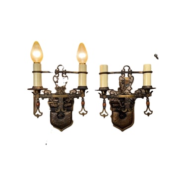 Five Cast Bronze Spanish Revival Two  Light Wall Sconces with Original Finish #2362 