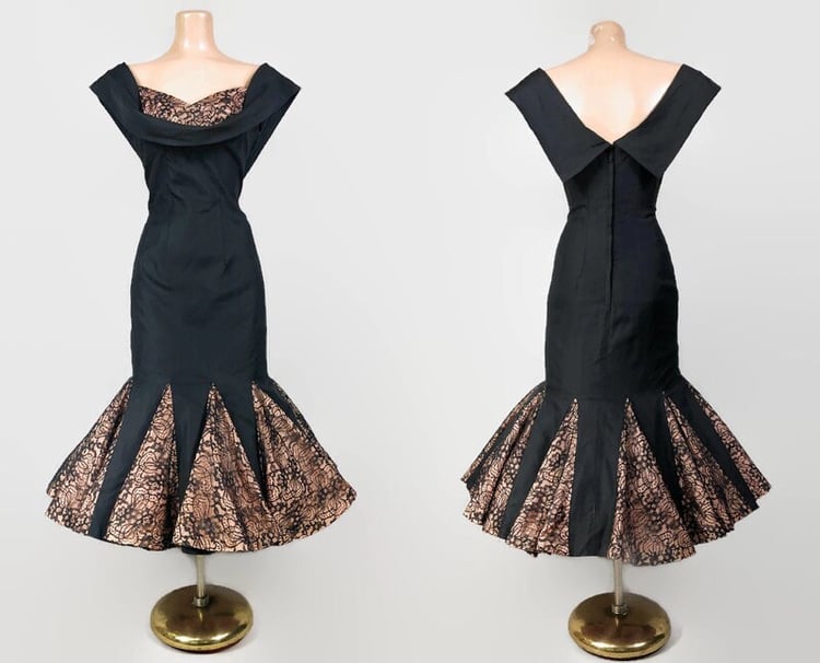 VINTAGE 1950s Lilli Diamond for Frederick's of Hollywood Black Taffeta and Lace Mermaid Wiggle Dress |  50s Sweetheart Cocktail Dress | VFG 