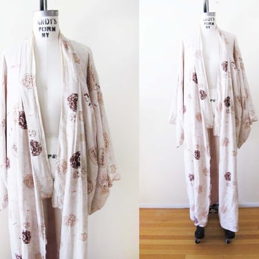 Vintage 50s Rayon Kimono Robe Condition Issues - Made in Japan Cream Lavender Floor Length Robe 