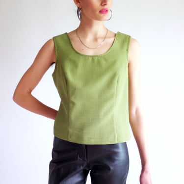 90s Green Tank Top, Vintage Boxy Green Black Pattern Sleeveless Blouse, Vtg 90s Cropped Tank, Oversized Loose Fit Grid Print Crop Top 