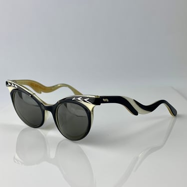 Vintage 1950'S Cat Eye Sunglasses - Black Carved Aluminium with Black & Ivory Plastic - Curvy Arms - New UV Glass Lenses 