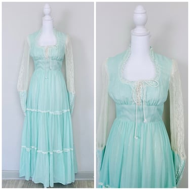 1970s Vintage Romantic Seafoam Green Cotton Voile Prairie Dress / 70s Lace Up Corset Maxi Gown / Size XS 