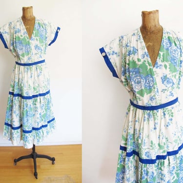 Vintage 1950s Blue Green Cotton Floral Wrap Dress S M - 50s Tiered Skirt Garden Party Romantic Cottagecore Midi Sundress 