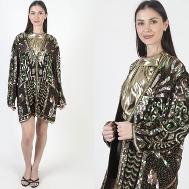 Black Sequin Jacket, Oversized Beaded Blazer,  Large Party Coat, Art Deco Print 