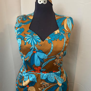 1960s Vintage Satin Maxi Dress Gown Big Ditsy Floral Blue Orange Hippy L 