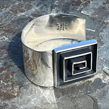 Vintage Mexico Sterling Silver Wide Cuff Bracelet with Square Dimensional Design - Open on the Side 