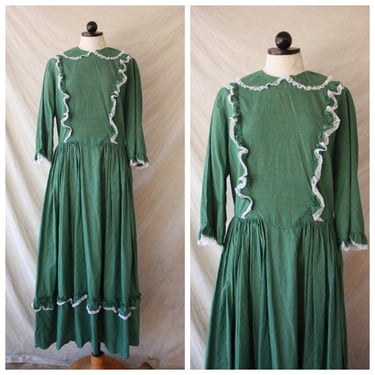 70s Victorian Revival Green Plaid Prairie Dress Size L 