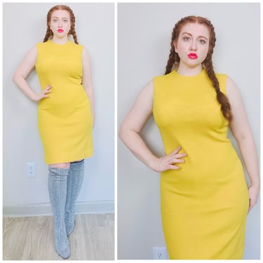 1960s Vintage Pamela Martin Mustard Wiggle Dress / 60s / Sixties Wool / Acrylic Body Con Shift Dress / Size Large - XL 