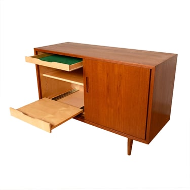 Pullout Turntable Shelf — Danish Modern Teak 43″ Media | Storage Cabinet
