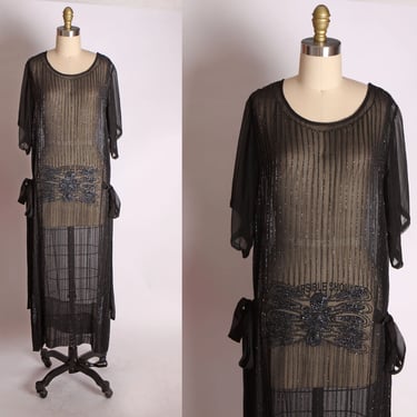 1920s Heavily Beaded Sheer Side Sash Flapper Black Dress 