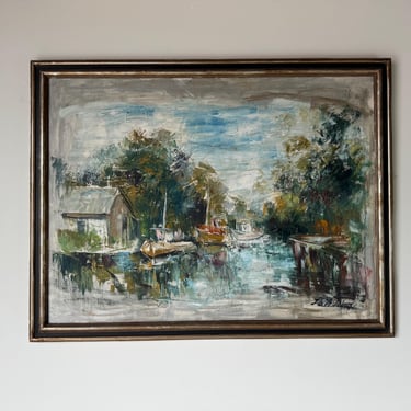 70's Vintage Riverside  With Boats Landscape Oil On Canvas Painting, Framed 