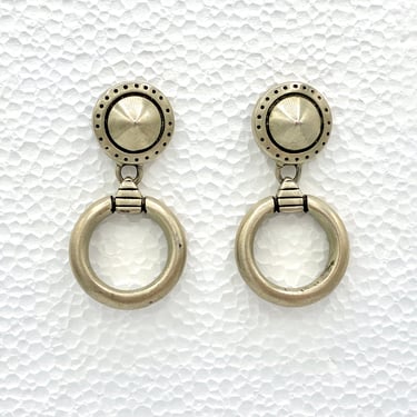 Vintage 1980s Lisa Jenks Brushed Sterling Silver Post Earrings, Modernist Designer Jewelry for Pierced Ears, Dangling Geometric Hoops 