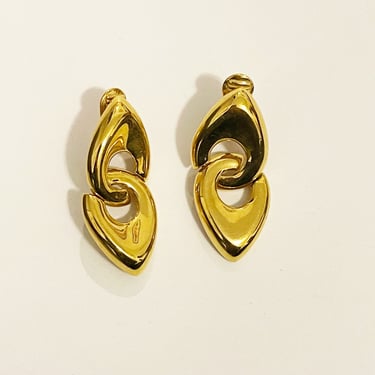 Vintage Monet Dangle Clip On Earrings 1990s Gold Tone Double Teardrop Clip-ons Earrings Vtg Double Hoop Earrings Door Knocker Clip Ons 