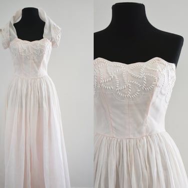 1940s Pink Organza Streapless Dress and Shrug 