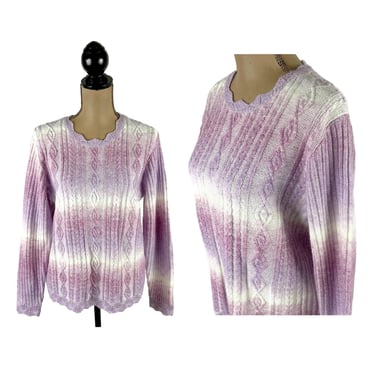 Y2K Ombre Cable Knit Sweater Large, Purple Pastel Soft Acrylic Pointelle Pullover, 2000s Clothes for Women Vintage ALFRED DUNNER Petite 
