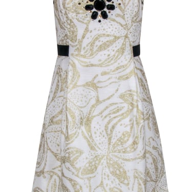 Lilly Pulitzer - Cream & Gold Metallic Floral Print Strapless Fit & Flare Dress w/ Stain Trim & Gem Stones Sz 8