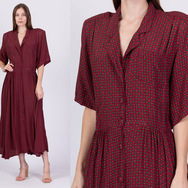 80s Grunge Paisley Print Shirtdress - Large | Vintage Wine Red Boho Secretary Maxi Dress 