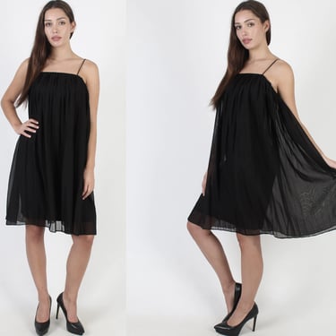 60s Simple Black Evening Dress Monochrome LBD Pleated Cocktail Party Mini 