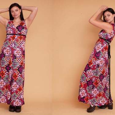Vintage 70s Abstract Psychedelic Floral Print Maxi Dress Gown 