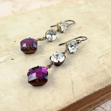 Sugar Plum Rhinestone Drop Earrings, Purple Jewelry, Long Dangle Earrings 