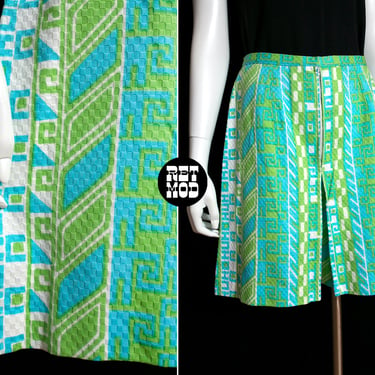 Super Fun Vintage 60s 70s Blue Green White Tiki Vibes Patterned Skort (Skirt with Built-in Shorts) 