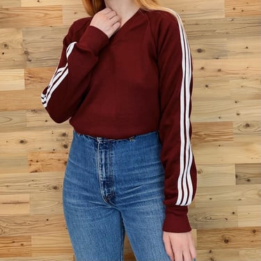 Vintage Soft and Comfy V-Neck Striped Burgundy Sweatshirt Top 