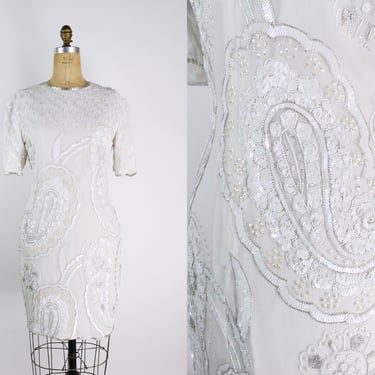 80s White Sequined Party Dress / Holiday Party Dress / Cocktail Dress /Art Deco Dress / 80s Sequined Beaded Dress/ Wedding Dress /Size S/M 