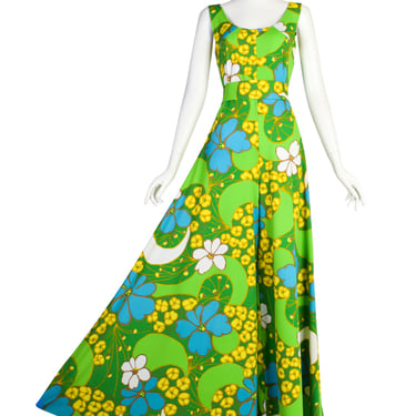 Vintage 1970s Vibrant Green Yellow Blue Floral Extreme Elephant Bells Palazzo Jumpsuit