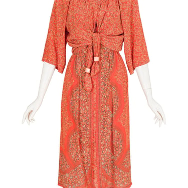 Mimmina 1970s Vintage Floral Orange Silk Dress & Shrug Set 