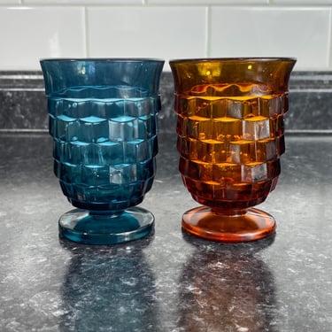 Vintage Mismatched Colony Whitehall Cubist 4oz Juice Glasses | Amber & Riviera Blue | Mix-Match MCM Small Colored Glass Singles 