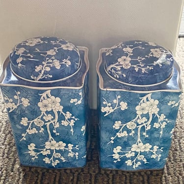 Set of 2 Vintage 6” tall Tins DAHER England Cherry Blossom Floral Storage Tea Tin Box Canisters~ blue white chinoiserie style Tea Containers 