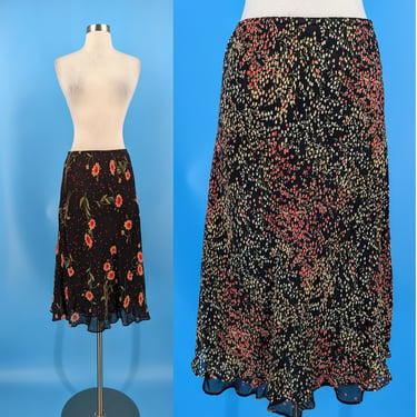 Vintage Y2K Reversible Slinky Mid Length Skirt - XL Pull-on Black Floral Print Double Sided Skirt 