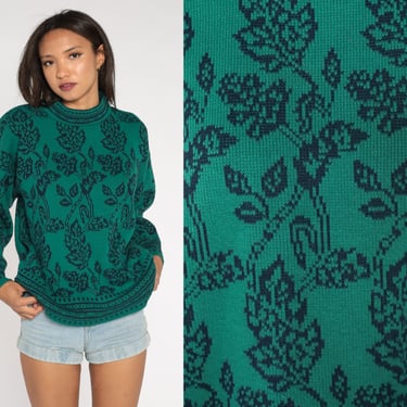 Leaf Sweater 90s Green Knit Mockneck Sweater Fall Leaves Print Pullover Mock Neck Acrylic Retro Navy Blue Vintage 1990s Extra Large xl 