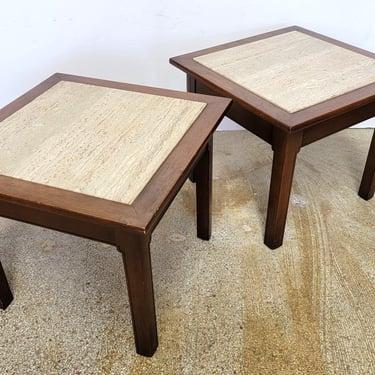 Walnut Travertine Low Side Tables/ Pedestal Tables 