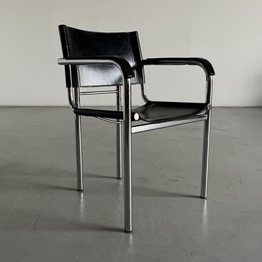 Bauhaus Style Tubular Frame and Black Leather Modernist Armchair, 1970s 