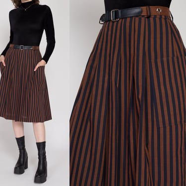 Medium 80s Black & Brown Striped Belted Midi Skirt | Vintage Hammer High Waisted Pleated Punk Pocket Skirt 