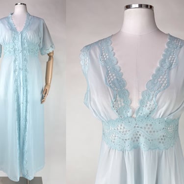 Vintage 1960s Powder Blue Matching Robe & Nightgown Set w Lace Made in France Small | Sexy, Modest, Loungewear, Gift For Her, Sheer, Pajamas 