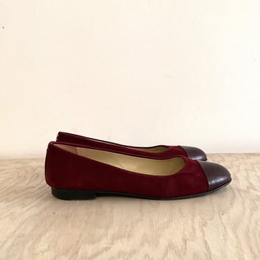 Wine Suede and Leather Cap Toe Chanel Flats 