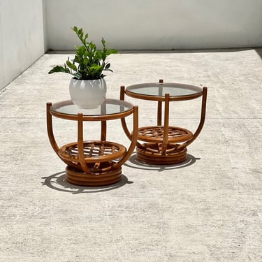 Pair of bamboo and glass round side tables