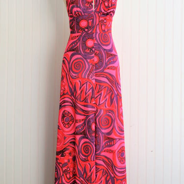 Hot Pink  - 1960-70s Halter  - Party Dress -  Nylon - Psychedelic - Op Art - by "in" 