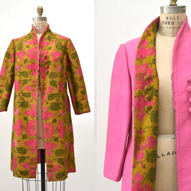70s Pink Green Silk Floral Print Jacket Raw Silk Reversible jacket Pink Green Floral Print Boho Fall Jacket Small Medium Vintage 70s jacket 